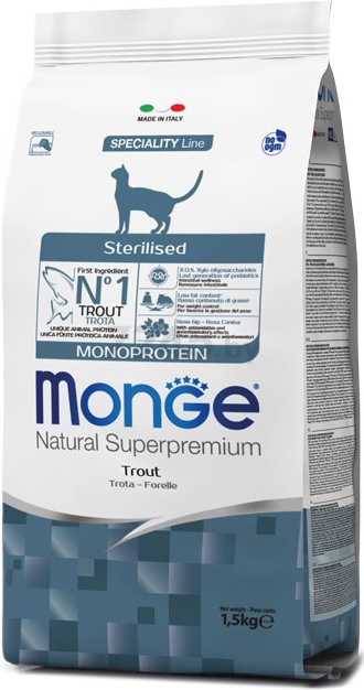 Сухой корм для стерилизованных кошек MONGE Monoprotein Sterilized форель 1,5 кг (8009470005494)