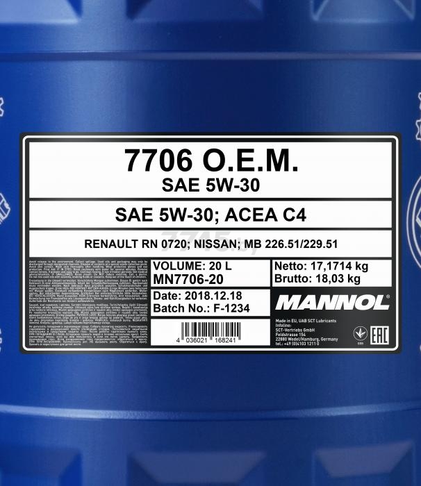 Моторное масло 5W30 синтетическое MANNOL 7706 OEM for Renault Nissan 20 л (53758) - Фото 2