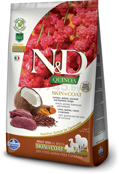 Сухой корм для собак беззерновой FARMINA N&D Quinoa Skin & Coat оленина с кокосом 7 кг (8010276035677)