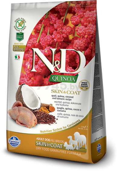 Сухой корм для собак беззерновой FARMINA N&D Quinoa Skin & Coat перепел с кокосом 2,5 кг (8010276035622)