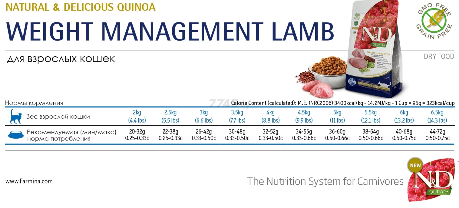 Сухой корм для кошек беззерновой FARMINA N&D Quinoa Weight Management ягненок и брокколи 1,5 кг (8010276035806) - Фото 3