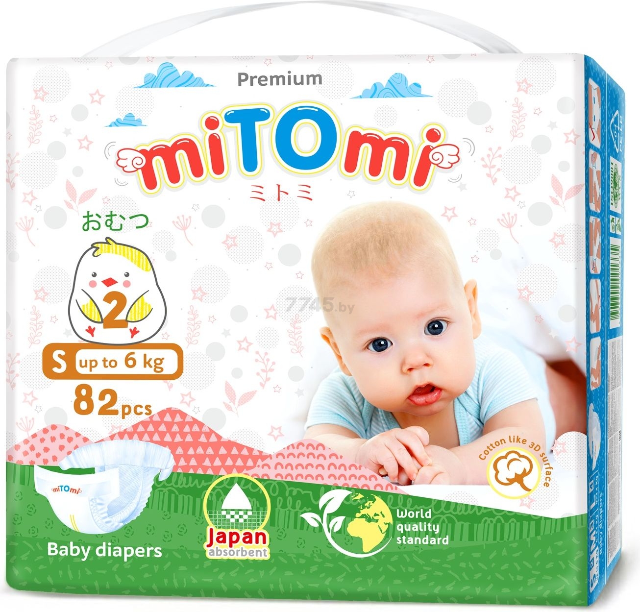 Подгузники MITOMI Premium на липучках S до 6 кг 82 штуки