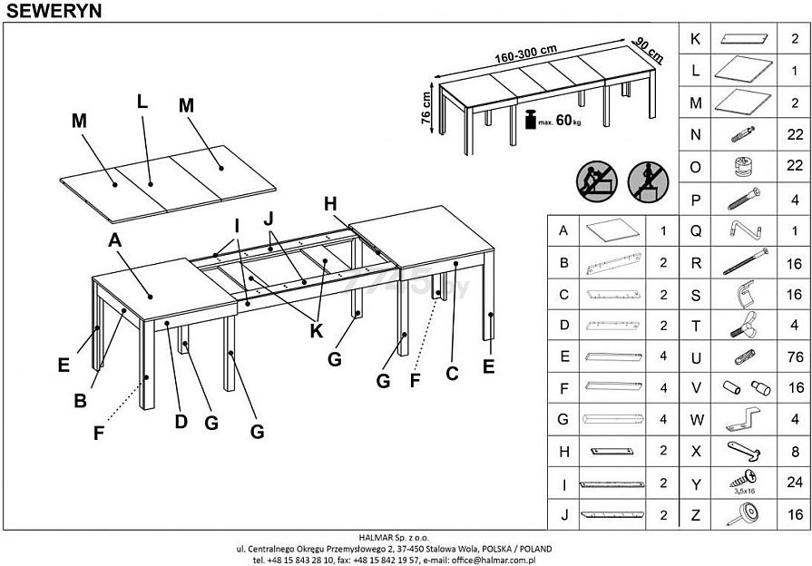 Стол кухонный HALMAR Seweryn дуб сонома/белый 160-300х90х76 см (V-PL-SEWERYN-ST-SONOMA/BIALY) - Фото 4
