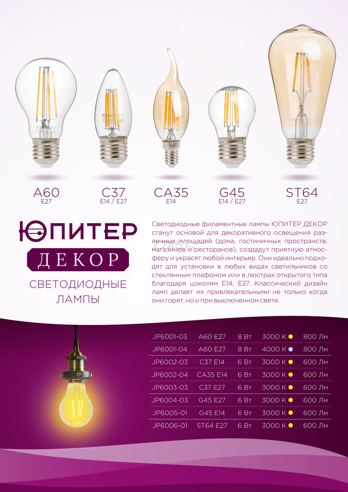 Лампа светодиодная филаментная E27 ЮПИТЕР C37 6 Вт 3000К (JP6003-03) - Фото 3