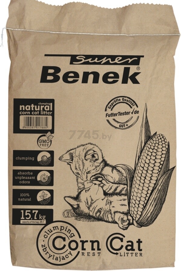 Наполнитель для туалета растительный комкующийся SUPER BENEK Corn Cat кукурузный 25 л, 15,7 кг (5905397017684)