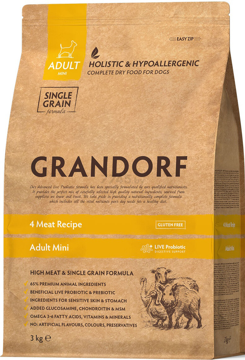 Сухой корм для собак GRANDORF Probiotic Adult Mini 4 Meat 3 кг (5407007851102)