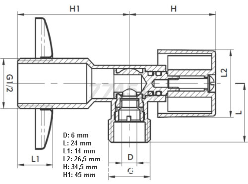 Кран шаровой угловой 1/2х3/4 с наружной резьбой ARMATURA (707-020-20) - Фото 2