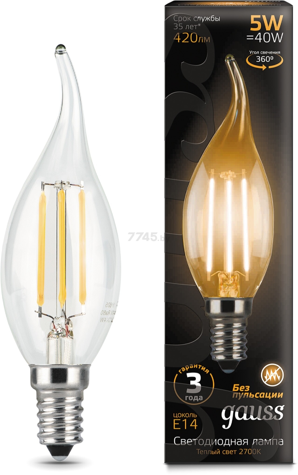 Лампа светодиодная филаментная E14 GAUSS 5 Вт 2700К (104801105) - Фото 2