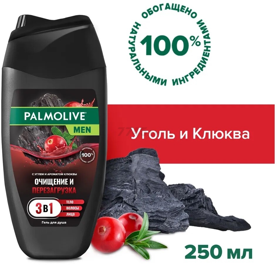 Гель для душа PALMOLIVE Men 4 в 1 Очищение и перезагрузка с углем и ароматом клюквы 250 мл (8718951323605) - Фото 4