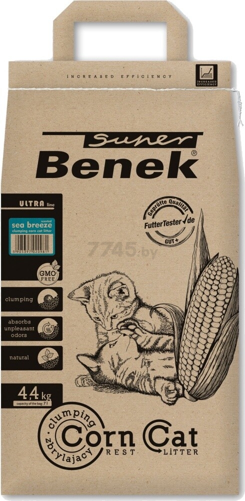 Наполнитель для туалета растительный комкующийся SUPER BENEK Corn Cat Ultra морской бриз 7 л, 4,4 кг (5905397020981)