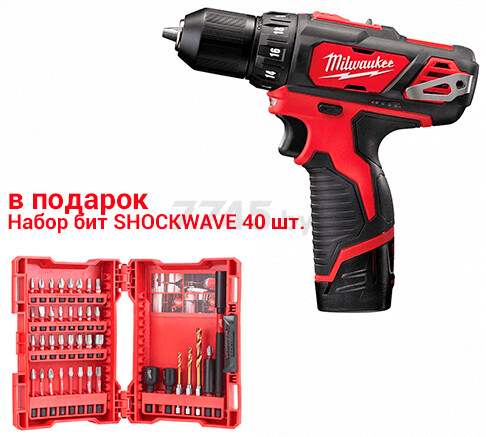 Дрель-шуруповерт аккумуляторная MILWAUKEE M12 BDD-202С и набор бит MILWAUKEE Shockwave 40 штук (4933441915/a)