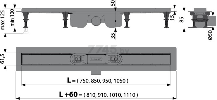 Водоотводящий желоб с порогами для перфорированной решетки ALCAPLAST (APZ12-750) - Фото 2