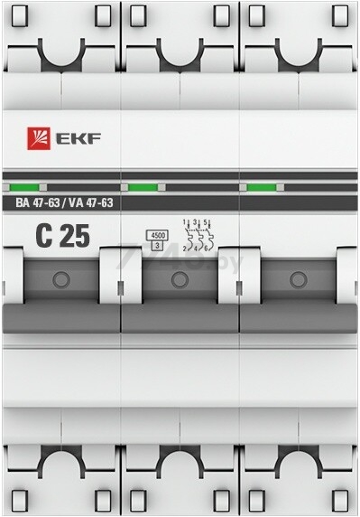 Автоматический выключатель EKF PROxima ВА 47-63 3P 25А C 4,5кA (mcb4763-3-25C-pro) - Фото 2