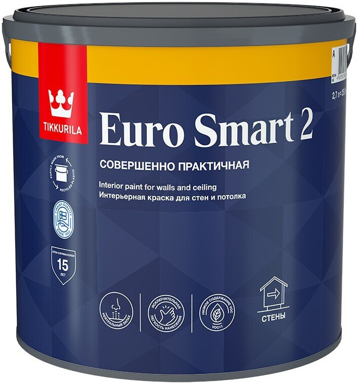 Краска акриловая TIKKURILA Euro Smart 2 интерьерная белая глубокоматовая 0,9 л