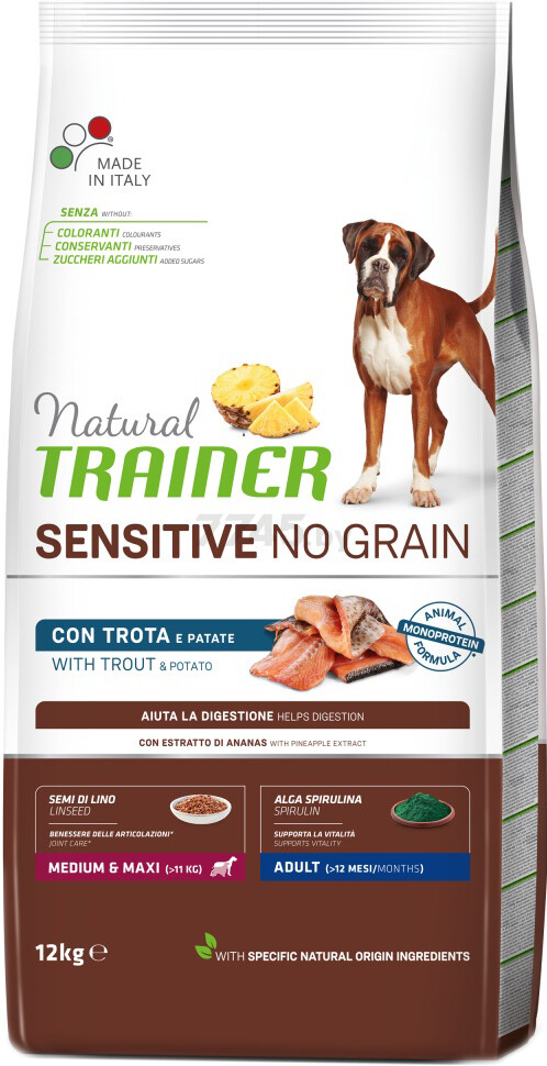 Сухой корм для собак беззерновой TRAINER Natural Sensitive No Grain Medium&Maxi Adult форель 12 кг (8059149277783)