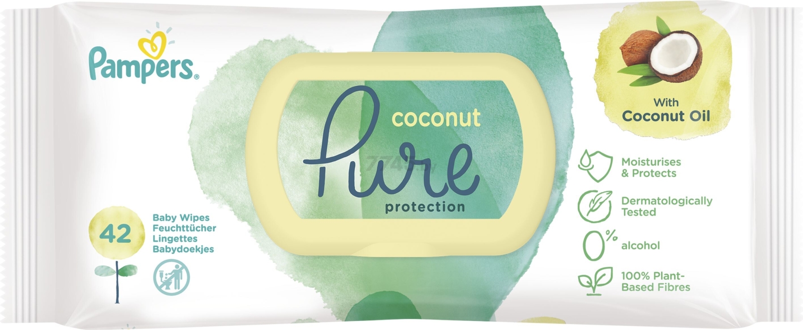 Салфетки влажные детские PAMPERS Protection Coconut Pure 42 штуки (8001841708676) - Фото 2