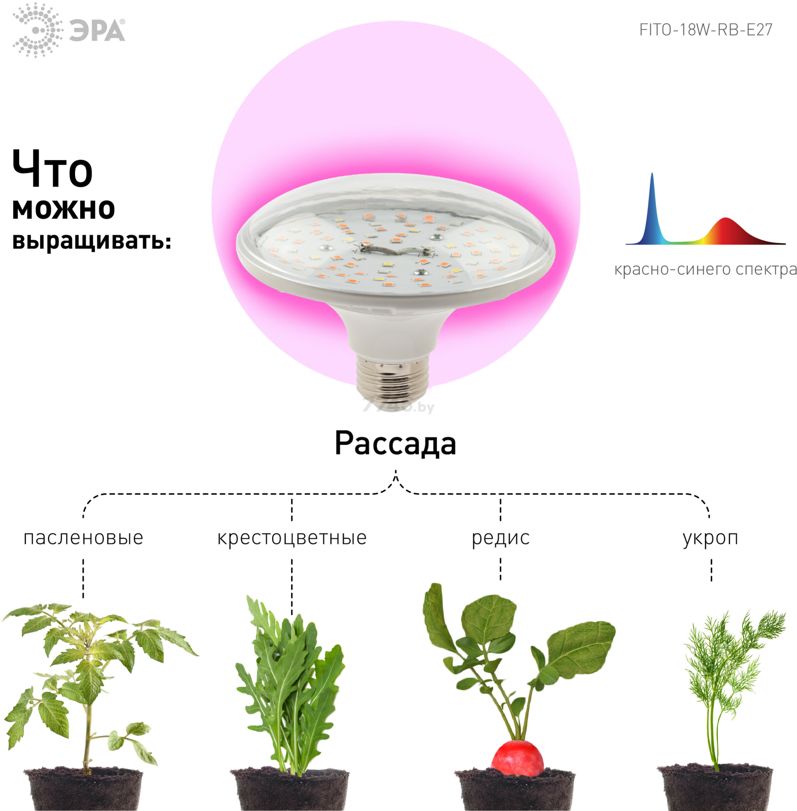 Фитолампа для растений красно-синего спектра ЭРА FITO-18W-RB-E27 Е27 18 ВТ - Фото 7