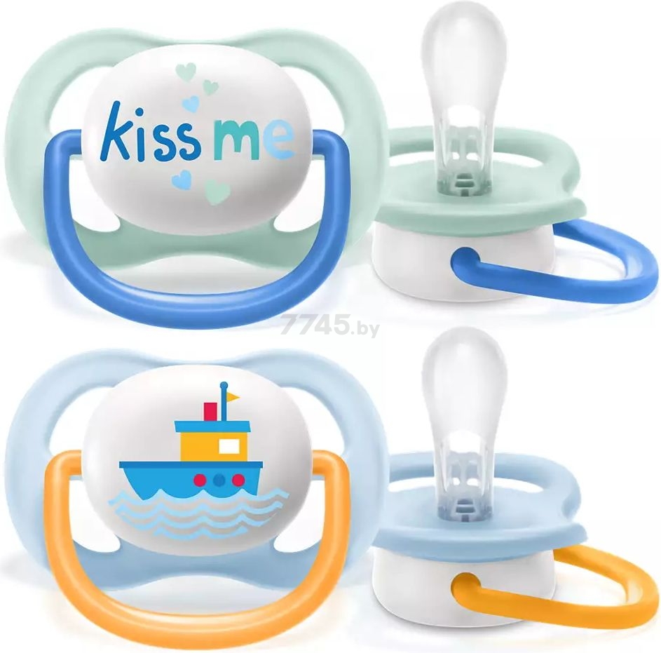 Пустышка силиконовая PHILIPS AVENT Ultra Air Kiss Me/Кораблик ортодонтическая с 0 мес для мальчиков 2 штуки (SCF080/13)