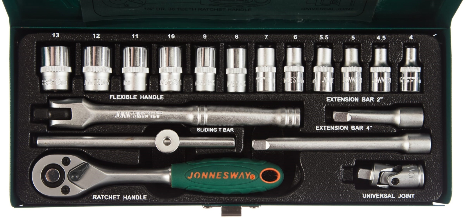 Набор инструментов 1/4" 6 граней 18 предметов JONNESWAY (S04H2118S) - Фото 2