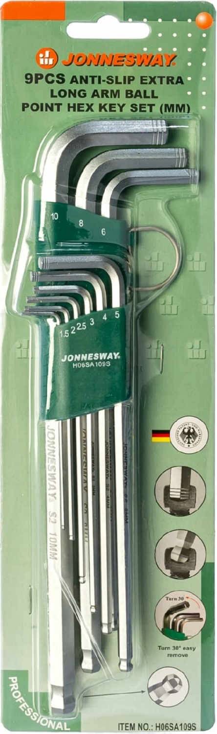 Набор ключей шестигранных 1,5-10 мм 9 предметов удлиненных с шариком JONNESWAY (H06SA109S) - Фото 5