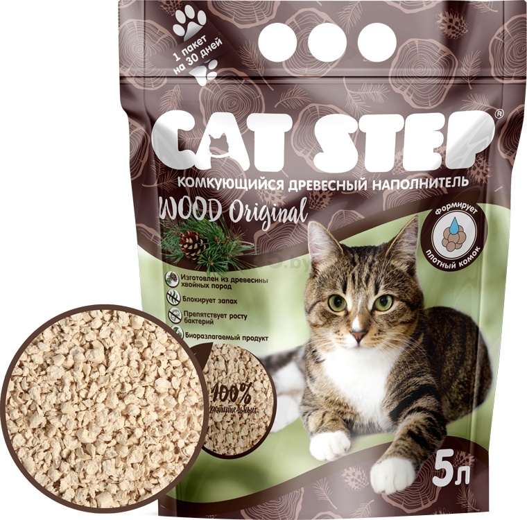 Наполнитель для туалета древесный комкующийся CAT STEP Wood Original 5 л, 2,3 кг (20323001) - Фото 4