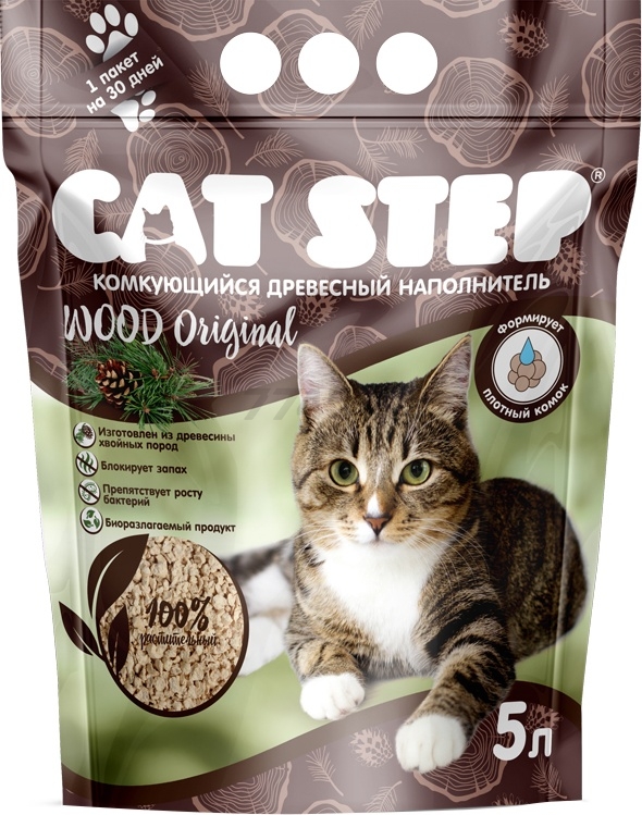 Наполнитель для туалета древесный комкующийся CAT STEP Wood Original 5 л, 2,3 кг (20323001) - Фото 3