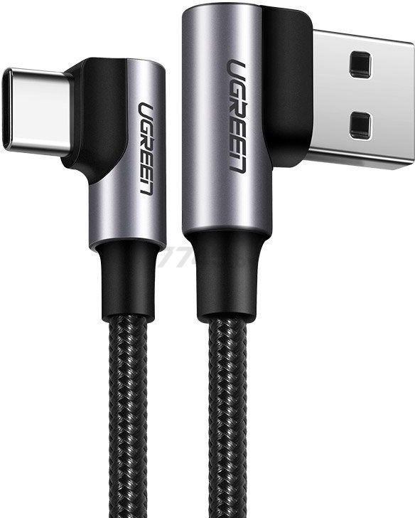 Кабель UGREEN US176-20856 USB-A 2.0 (90) to Type C (90) 3A в оплётке 1m Black