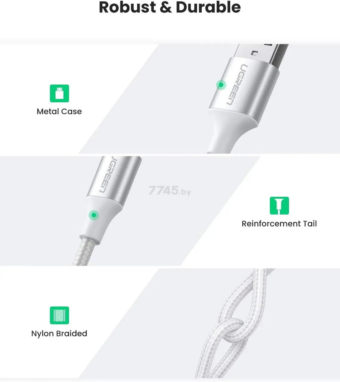 Кабель UGREEN US288-60130 USB-A 2.0 to Type C 3A в оплётке 0.5m White - Фото 9