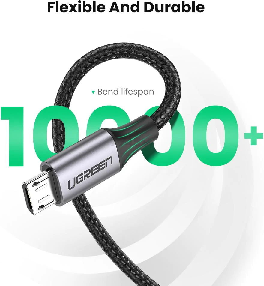 Кабель UGREEN US290-60403 USB-A 2.0 to Micro USB 2A в нейлоновой оплётке 3m Black - Фото 3