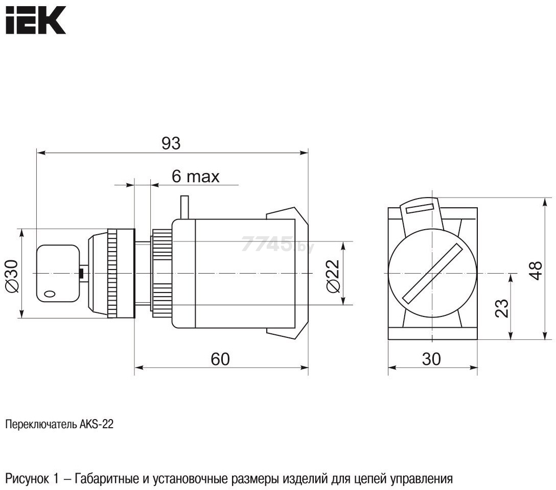 Переключатель с ключом IEK АKS-22 2 положения I-O с фиксацией 1НО+1НЗ (BSW10-AKS-2-K02) - Фото 2