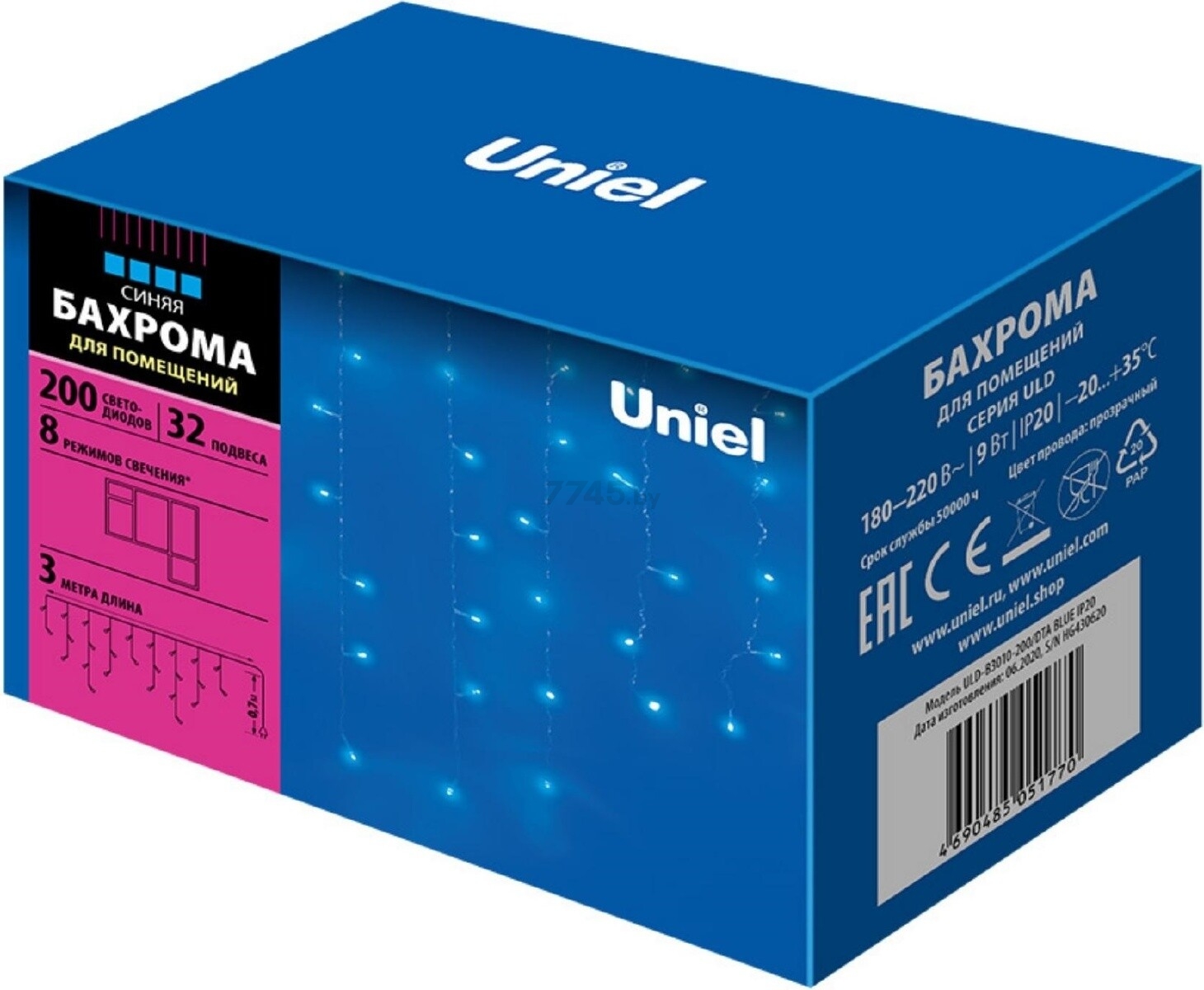 Гирлянда новогодняя светодиодная UNIEL ULD-B3010-200/DTA BLUE IP20 Бахрома 3 м 200 диодов синий - Фото 5