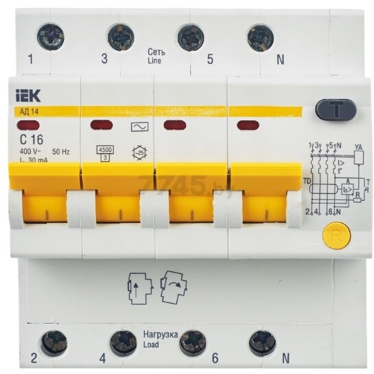Дифавтомат IEK АД14 4Р 16А 30мА (MAD10-4-016-C-030) - Фото 3
