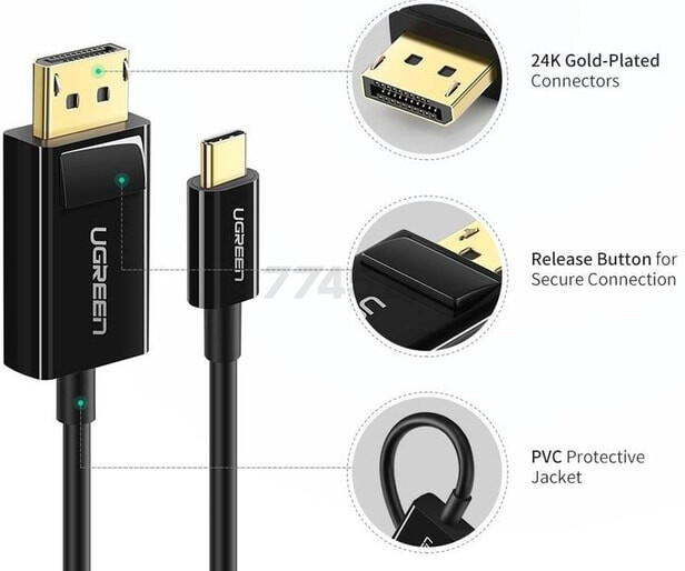 Кабель UGREEN MM139 USB-C - DisplayPort 1,5 м Black (50994) - Фото 2