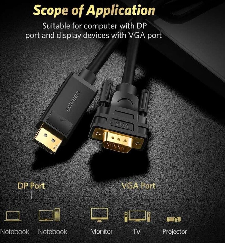 Кабель UGREEN DP105 DisplayPort (M) to VGA (M) Black 1,5 м (10247) - Фото 6