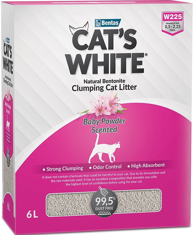 Наполнитель для туалета бентонитовый комкующийся CATS WHITE Box Premium детская присыпка 6 л, 5,1 кг (8699245856958)