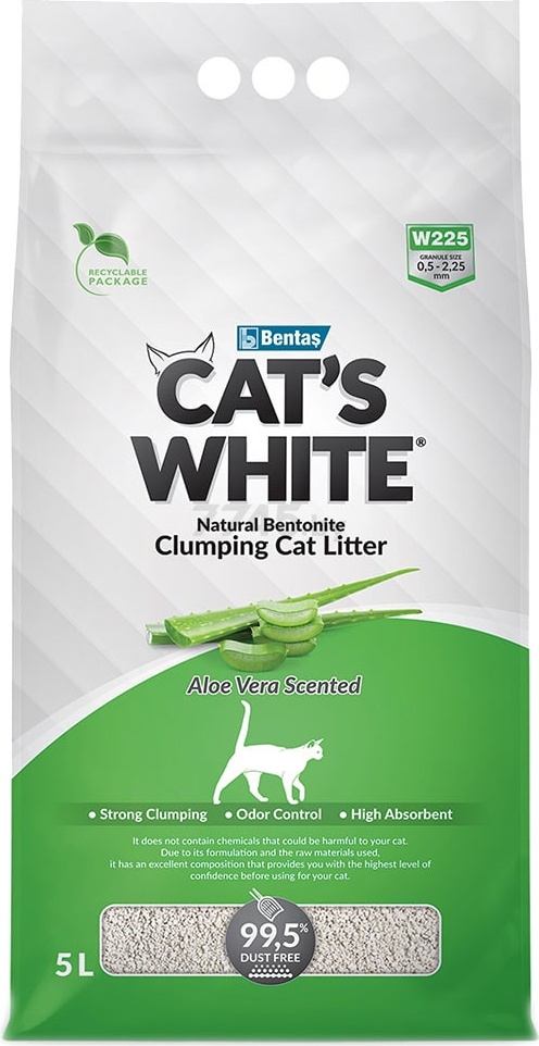 Наполнитель для туалета бентонитовый комкующийся CATS WHITE алоэ вера 5 л, 4,25 кг (8699245861129)