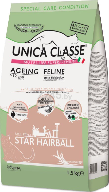 Сухой корм для пожилых кошек UNICA Classe Ageing Feline Star Hairball курица 1,5 кг (8001541007192)