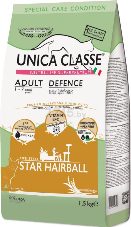 Сухой корм для кошек UNICA Classe Adult Defence Star Hairball курица 1,5 кг (8001541007208)