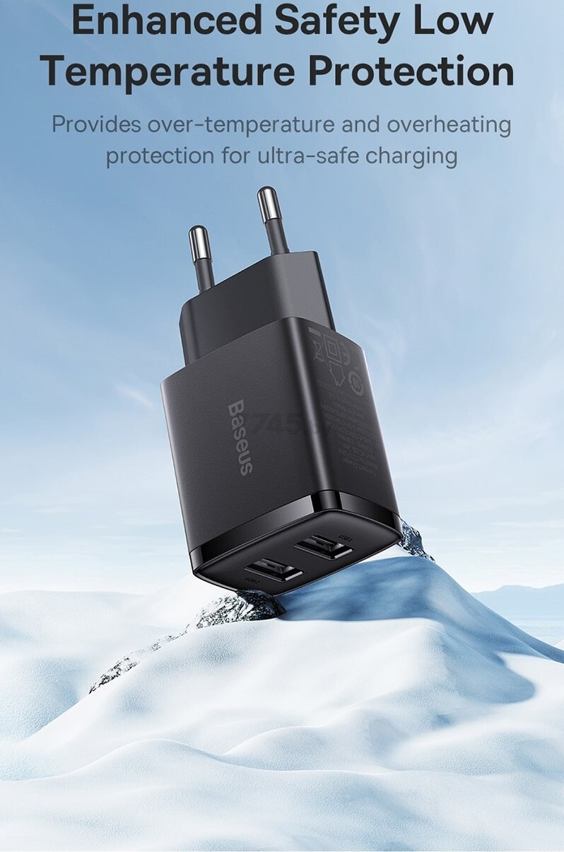 Сетевое зарядное устройство BASEUS CCXJ010201 Compact Charger 2U 10.5W EU Black (CCCP10UE) - Фото 8