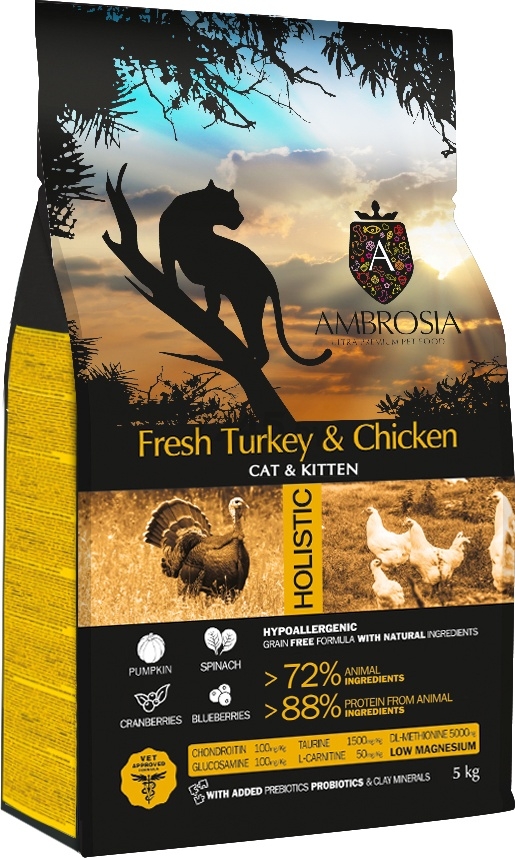 Сухой корм для кошек и котят беззерновой AMBROSIA Grain Free индейка и курица 5 кг (U/ACK5)