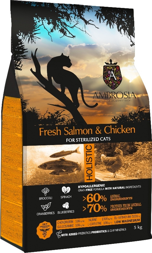 Сухой корм для стерилизованных кошек AMBROSIA Grain Free Sterilised лосось и курица 5 кг (U/ACSS5)