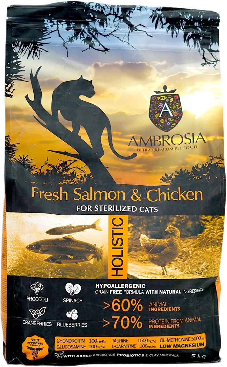 Сухой корм для стерилизованных кошек AMBROSIA Grain Free Sterilised лосось и курица 5 кг (U/ACSS5) - Фото 3