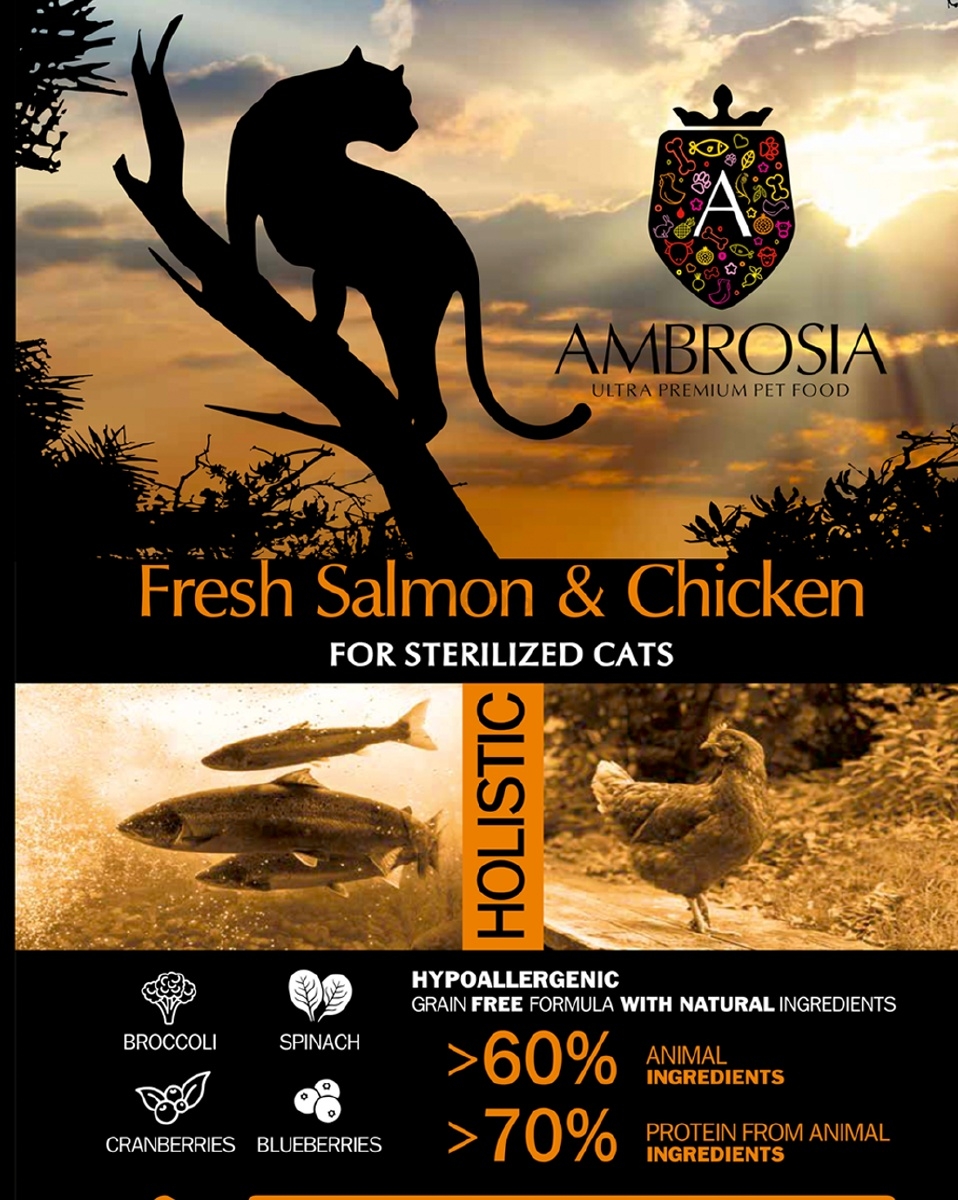 Сухой корм для стерилизованных кошек AMBROSIA Grain Free Sterilised лосось и курица 5 кг (U/ACSS5) - Фото 5
