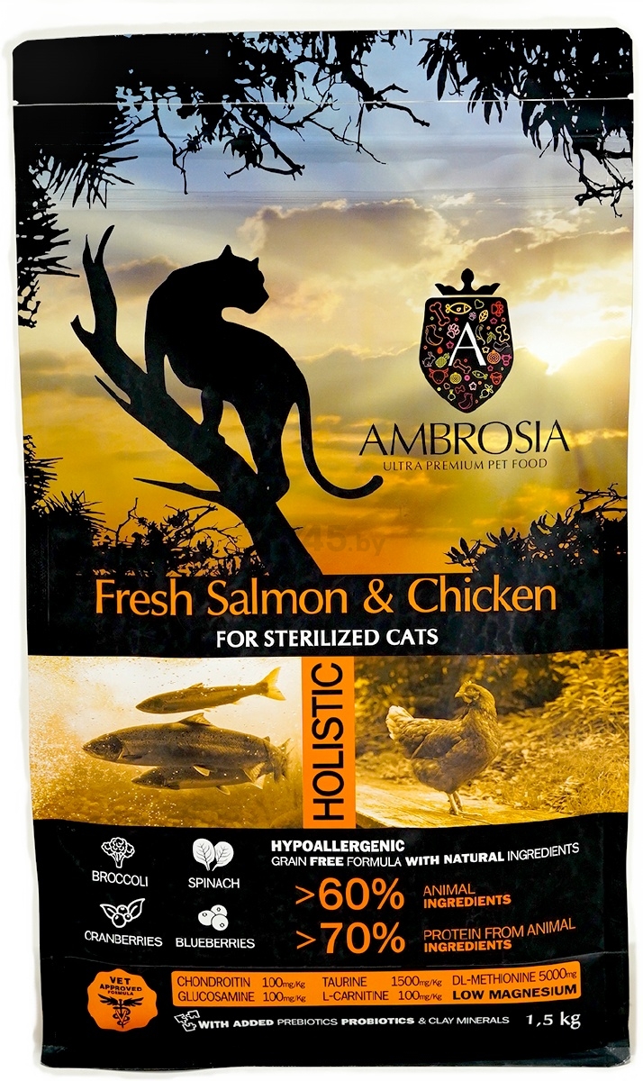 Сухой корм для стерилизованных кошек AMBROSIA Grain Free Sterilised лосось и курица 1,5 кг (U/ACSS1.5) - Фото 3