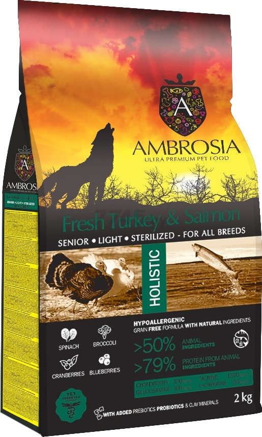 Сухой корм для собак беззерновой AMBROSIA Grain Free Senior Light индейка и лосось 2 кг (U/ATS2)