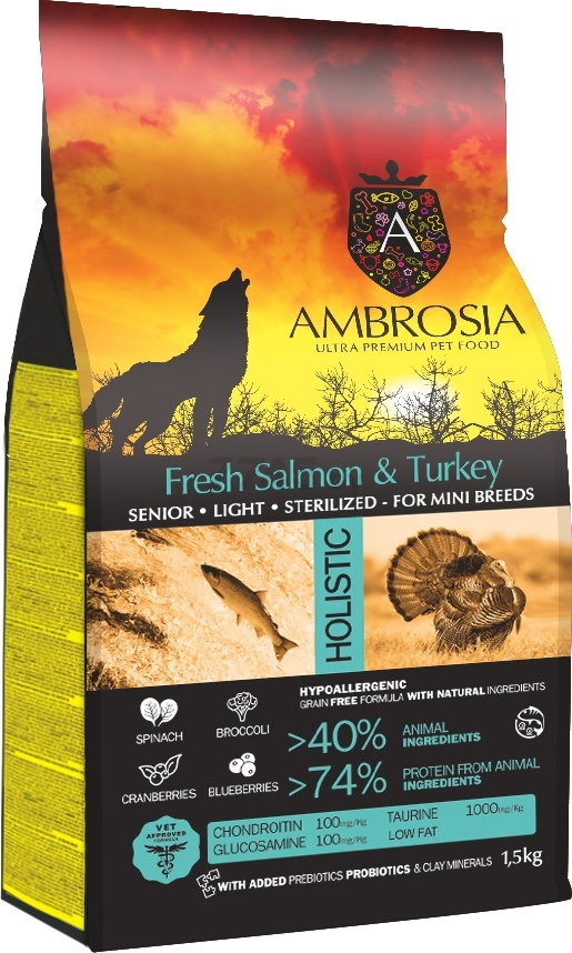 Сухой корм для собак беззерновой AMBROSIA Grain Free Mini Senior лосось и индейка 1,5 кг (U/ASTM1.5)