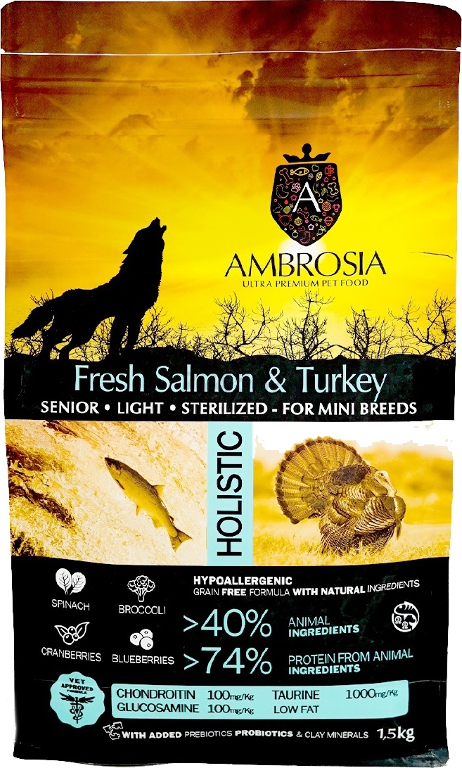 Сухой корм для собак беззерновой AMBROSIA Grain Free Mini Senior лосось и индейка 1,5 кг (U/ASTM1.5) - Фото 3