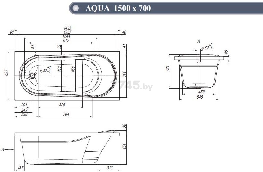 Ванна акриловая VENTOSPA Aqua 150х70 в комплекте с каркасом и экраном - Фото 5