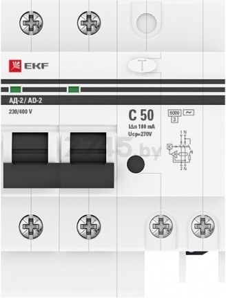 Дифавтомат EKF PROxima АД-2 2Р 50А C AC 100мА 6кА (DA2-6-50-100-pro) - Фото 2