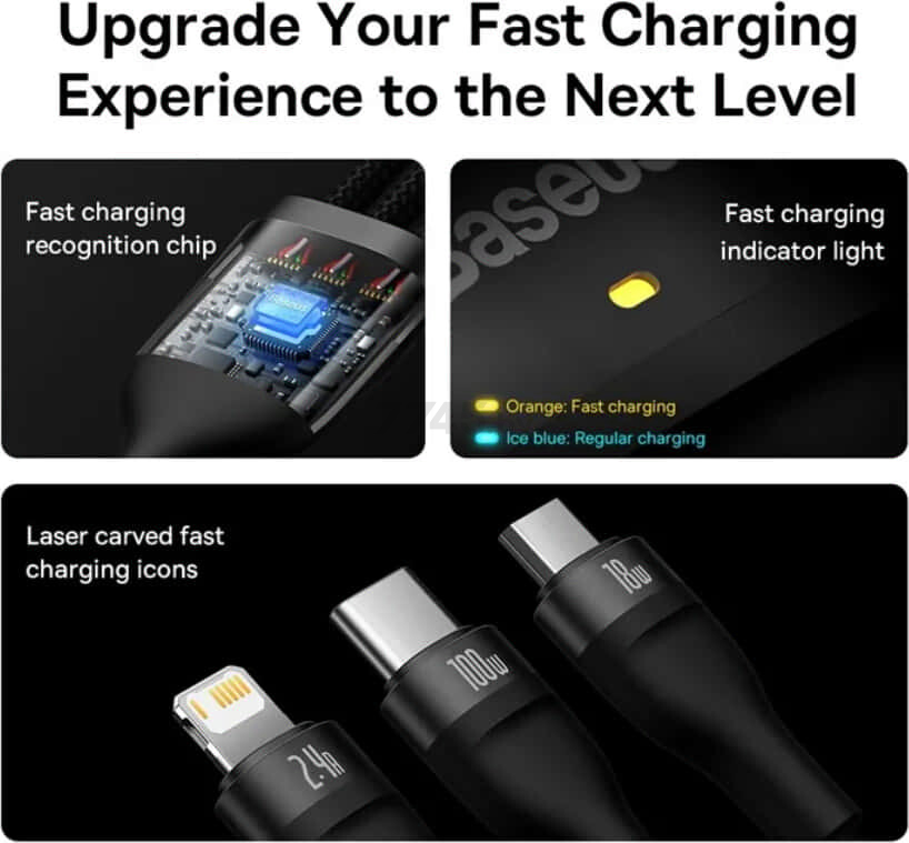 Кабель BASEUS Flash Series II 3-in-1 Fast Charging Black (CASS030001) - Фото 6